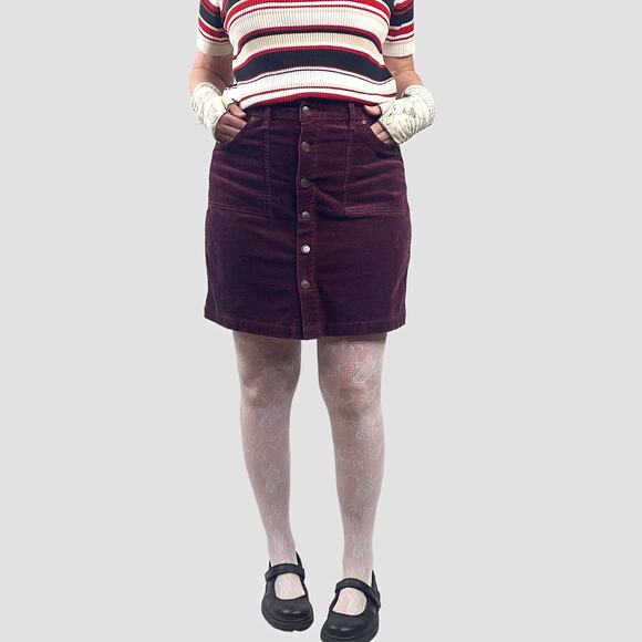 Burgundy Corduroy Button Front A Line Pocket Skirt Sz 12 - Picture 1 of 5